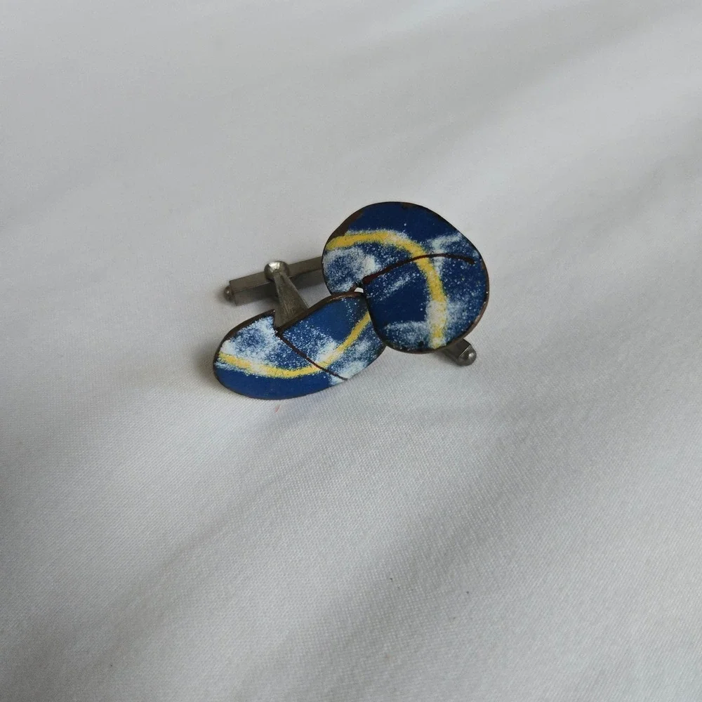 VTG Copper Kidney Bean Modernist Cufflinks OS Men Blue Abstract Enamel Unbranded